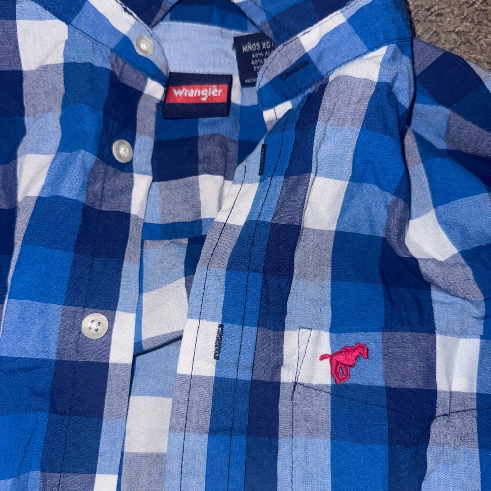 Wrangler Kids Blue and White Plaid Button Down Shirt Boys Xl 14/16 - Picture 3 of 5